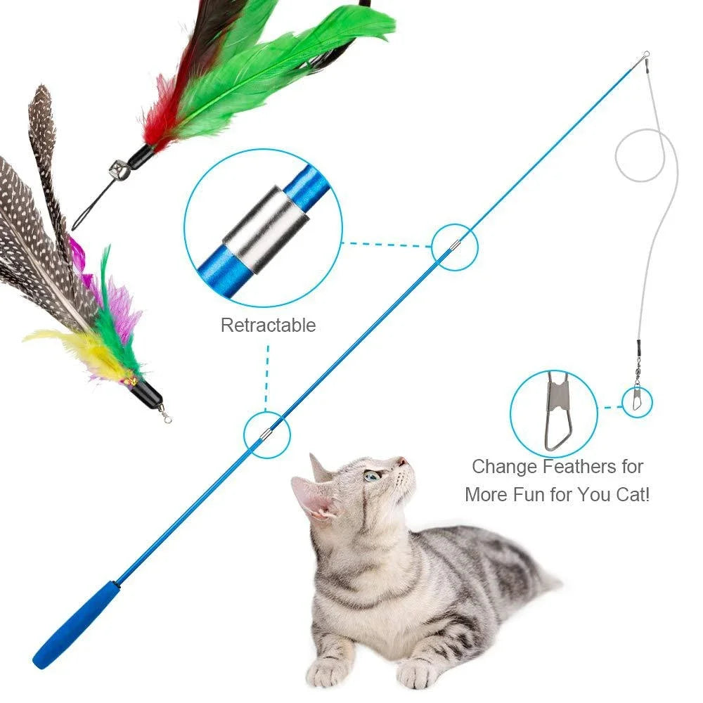 Interactive Cat Toys - Retractable Wand Toy and Feather Toys Refills for Indoor Cats to Chase and Exercise