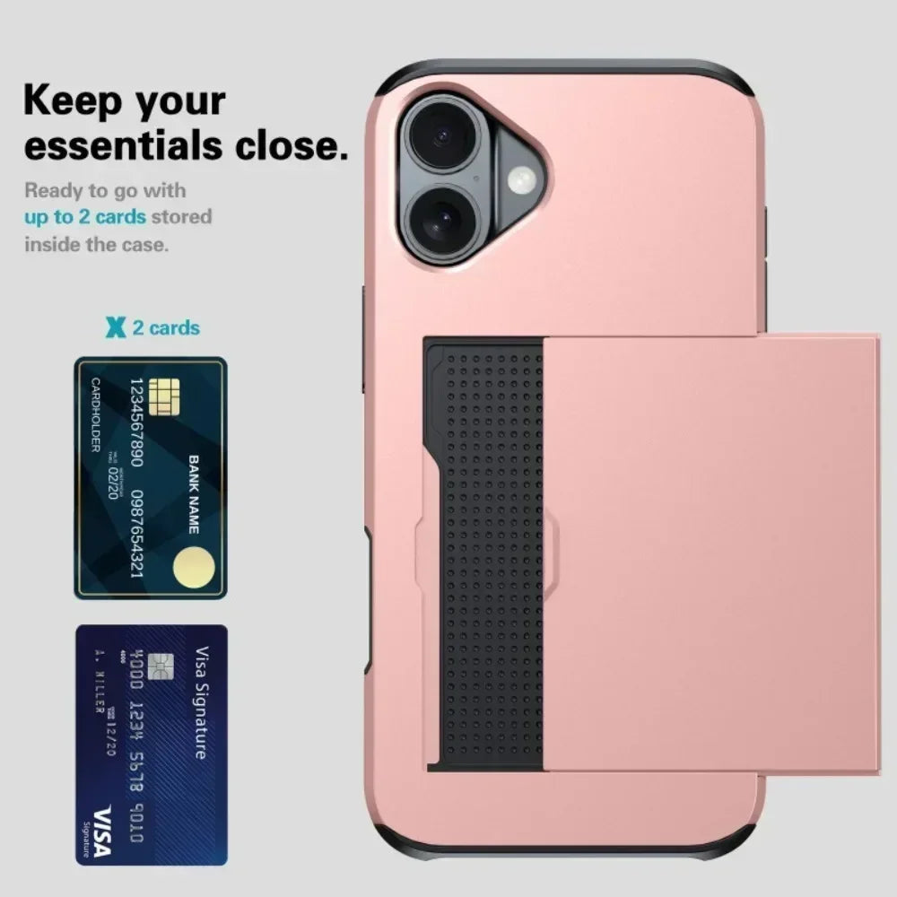 Phone Case For iPhone 17 Air 16E 15 14 Plus 13 12 Pro Max Wallet Cover Credit Card Holder Slot Sliding Pocket  Protective