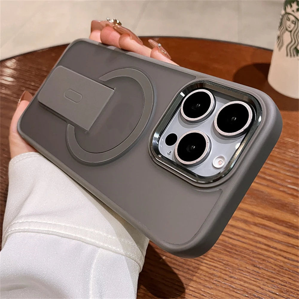 Folding Stand Holder Magnetic Matte Case For iPhone 17 16 Pro Max 15 14 Plus 13 12 For Magsafe Wireless Charge Shockproof Cover
