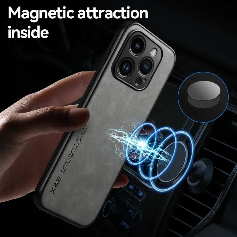 Luxury Leather Case For iPhone - Cover With Metal Plate Support Car Hold