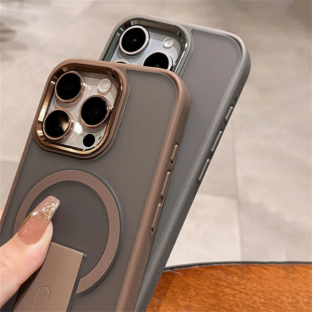Folding Stand Holder Magnetic Matte Case For iPhone 17 16 Pro Max 15 14 Plus 13 12 For Magsafe Wireless Charge Shockproof Cover