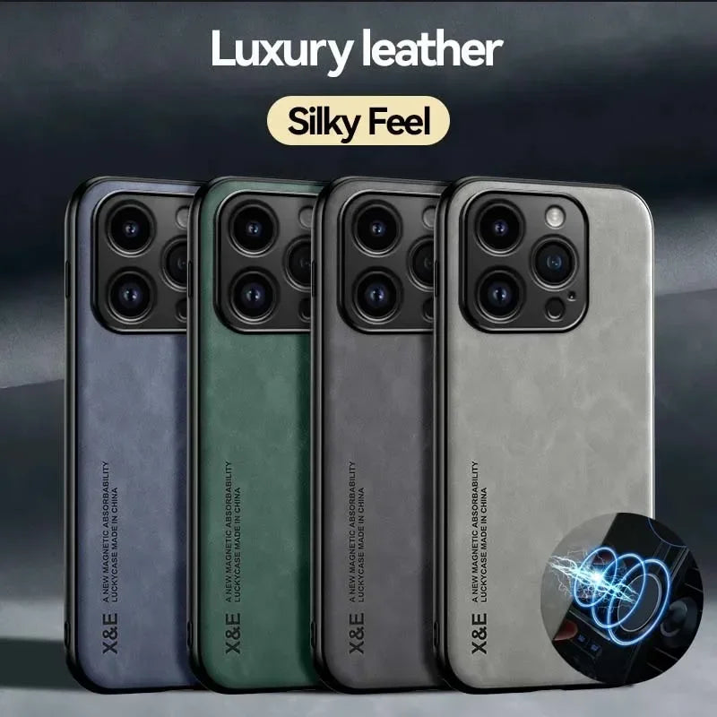 Luxury Leather Case For iPhone - Cover With Metal Plate Support Car Hold