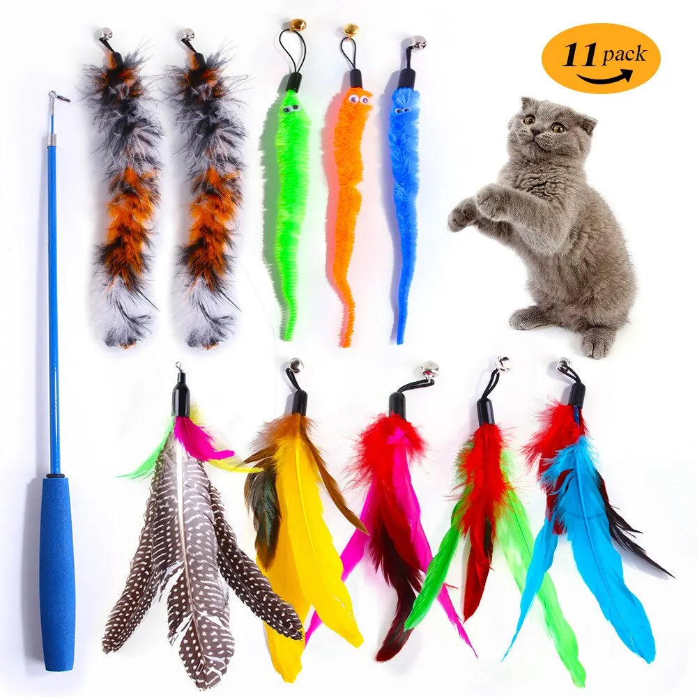 Interactive Cat Toys - Retractable Wand Toy and Feather Toys Refills for Indoor Cats to Chase and Exercise