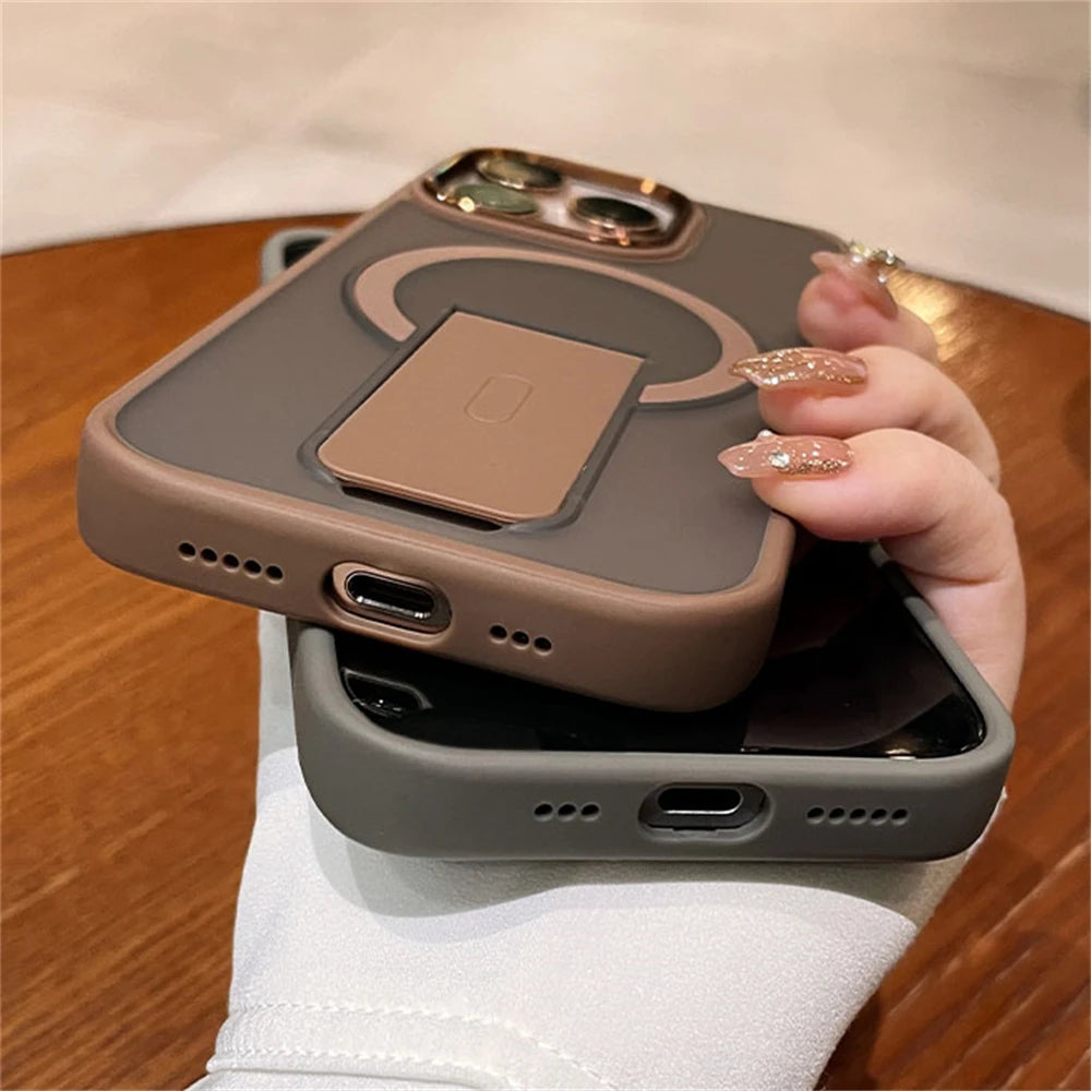 Folding Stand Holder Magnetic Matte Case For iPhone 17 16 Pro Max 15 14 Plus 13 12 For Magsafe Wireless Charge Shockproof Cover