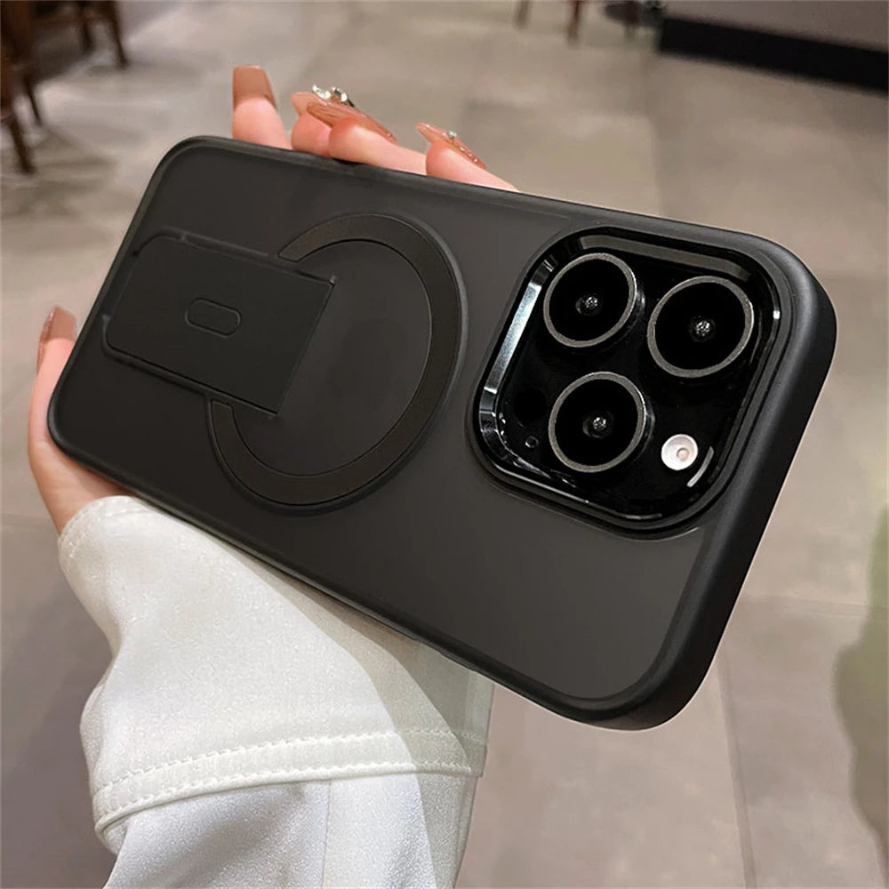 Folding Stand Holder Magnetic Matte Case For iPhone 17 16 Pro Max 15 14 Plus 13 12 For Magsafe Wireless Charge Shockproof Cover