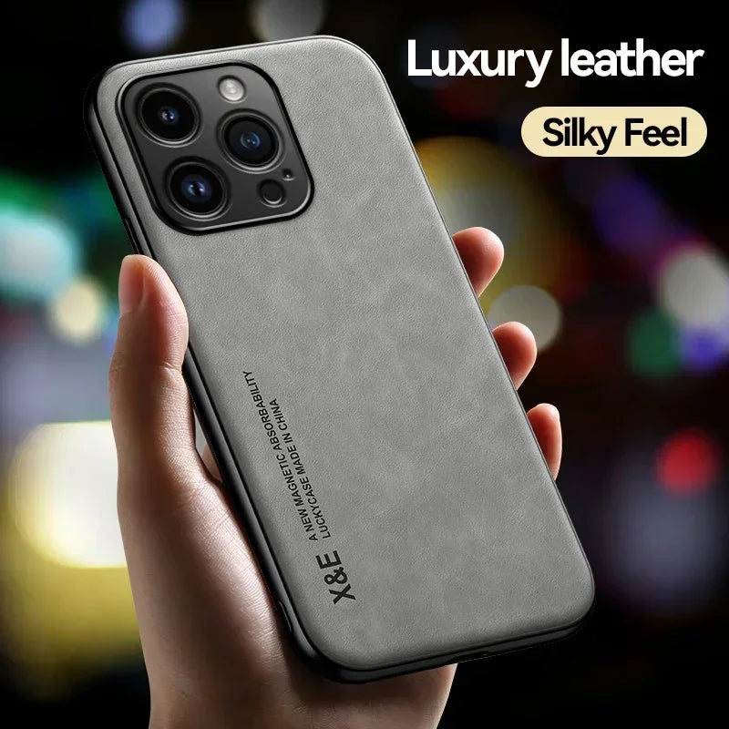 Luxury Leather Case For iPhone - Cover With Metal Plate Support Car Hold