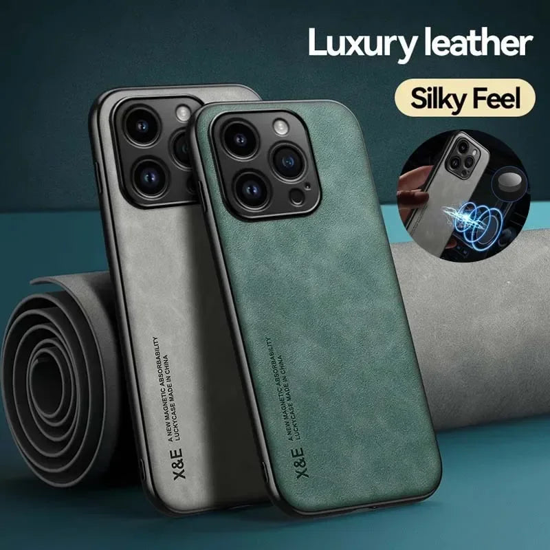 Luxury Leather Case For iPhone - Cover With Metal Plate Support Car Hold
