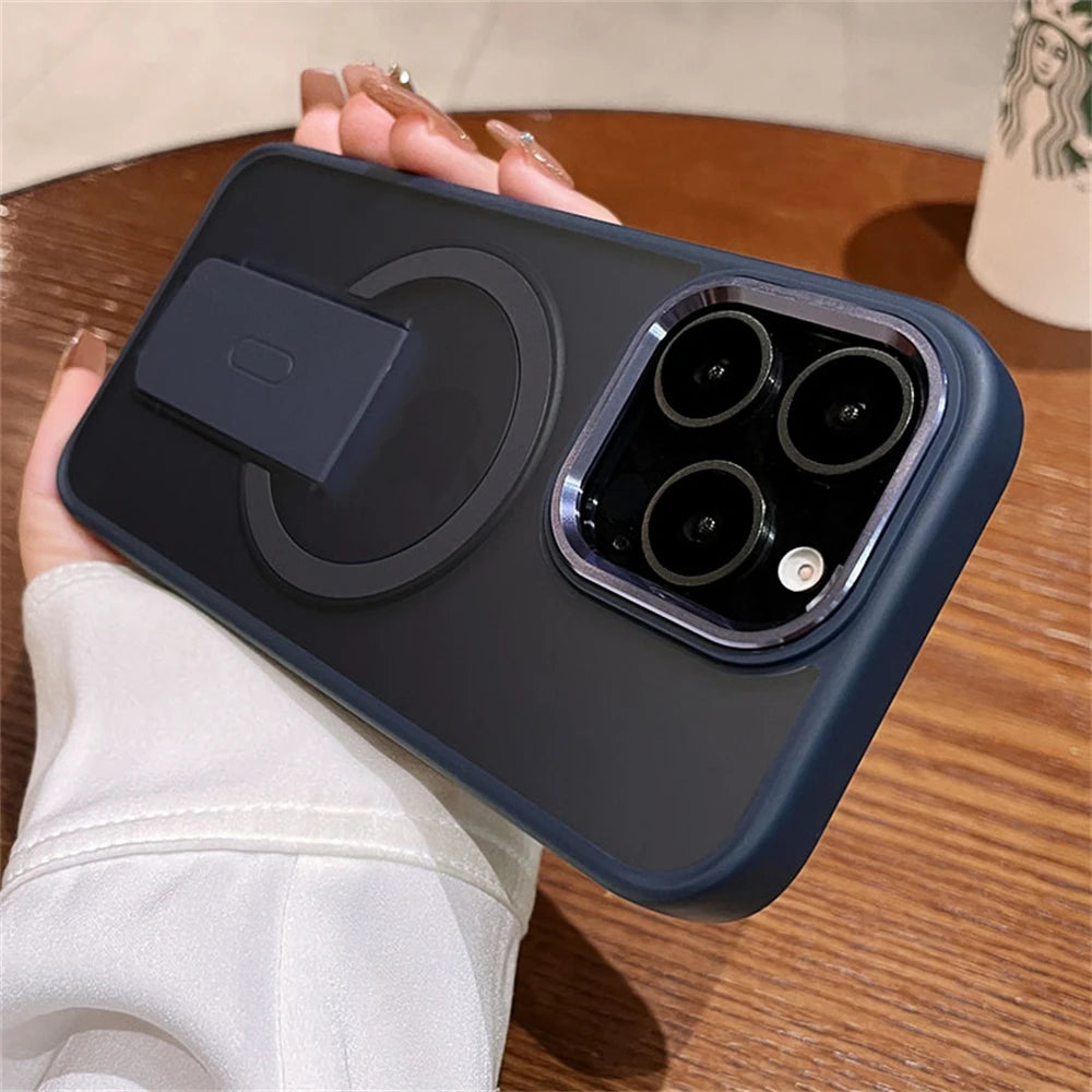 Folding Stand Holder Magnetic Matte Case For iPhone 17 16 Pro Max 15 14 Plus 13 12 For Magsafe Wireless Charge Shockproof Cover